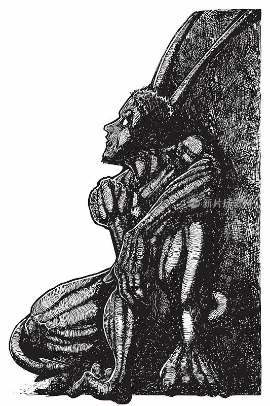 水墨画(Hatch Work)的路西法(Dark Angel, Devil)向上看在一个纹理独特的风格。艺术手动插图转向矢量。
